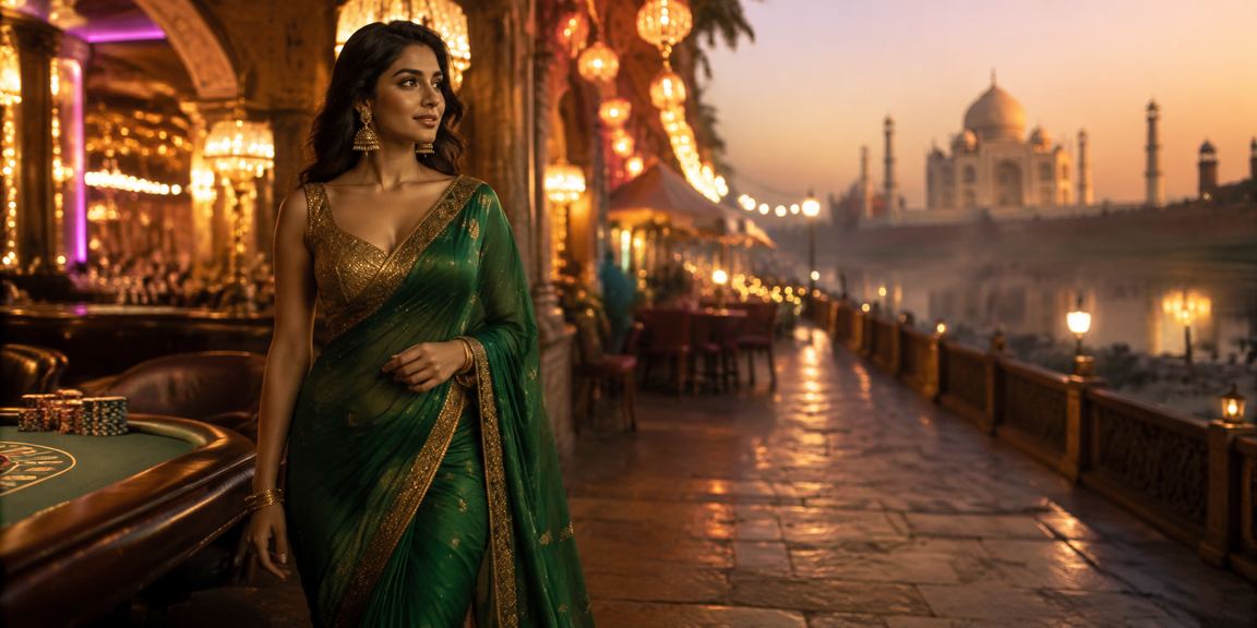 Evening view of Taj Mahal illuminated with decorative lights, symbolic of balance and tradition