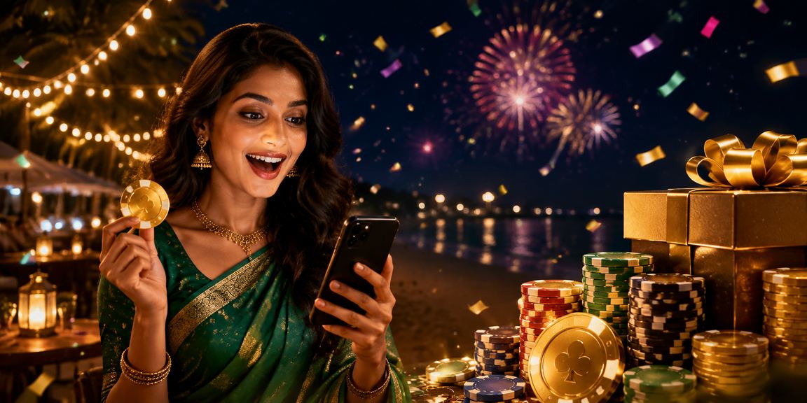 Indian woman enjoying casino games on mobile at night